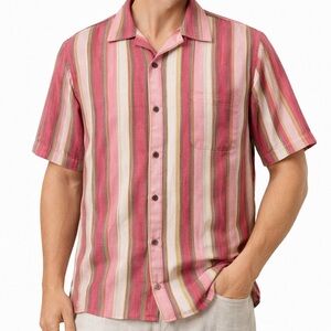Tommy Bahama 100% Linen Shirt Men XL Pink Stripe Button Front Camp Short Sleeve